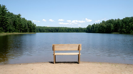 Tranquil lake view, wooden bench, serene nature scene, peaceful summer day, perfect for relaxation