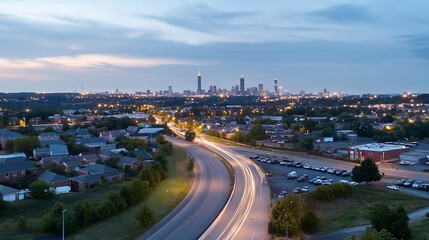City skyline twilight highway view.