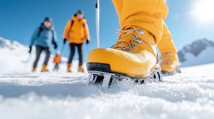 Close-up of a yellow hiking boot with crampons on snow Group of hikers trekking in the background on a clear day Winter outdoor adventure