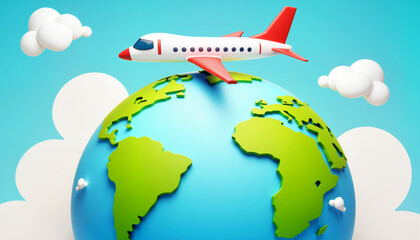 Naklejka premium Colorful toy airplane flying above a globe surrounded by fluffy clouds