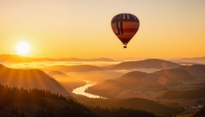 Obraz premium Colorful hot air balloon soaring over misty hills and a river at sunset