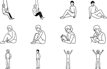 Simple Line Drawings of People Sitting, Standing, Reading, Swinging