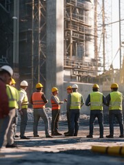 A group of construction workers wearing safety vests and hard hats gather outside while the team leader explains the day's tasks. The location appears to be a large construction site.AI generated.