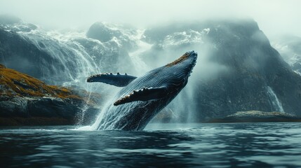 Fototapeta premium Majestic Humpback Whale Breaching in Serene Natural Landscape with Cascading Waterfalls and Misty Mountains in Background