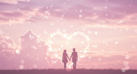 Fototapeta premium Couple Silhouette Romantic Sunset - Silhouette of a couple holding hands at sunset with a heart-shaped bokeh effect. Perfect for love, romance, and relationship themes.
