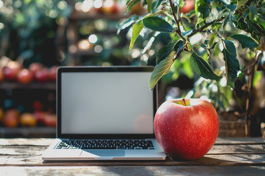 An apple placed on a laptop computer keyboard in a bright indoor environment - Powered by Adobe