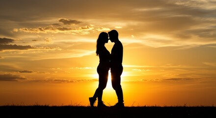 Fototapeta premium Couple Silhouette Sunset Romance - Romantic couple silhouette at sunset, embracing against a vibrant orange sky. Perfect for love, romance, and relationship themes.