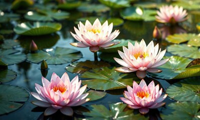 Water lilies blooming on the surface of a serene pond, lotus, peaceful, serene