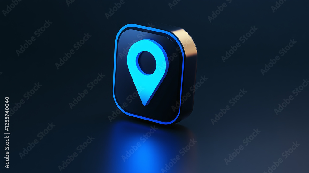 Poster a location marker icon with rounded square edges emits a blue glow on a dark background, symbolizing