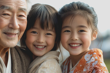 A man and two little girls smiling together outdoors on a sunny day in a park setting