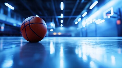 Basketball on court, interior, lit, potential stock photo