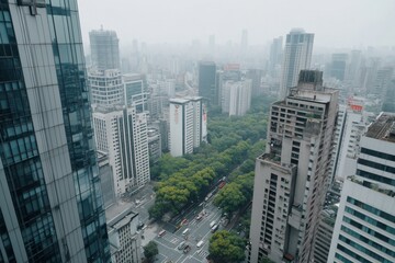 Obraz premium Cityscape aerial view hazy day, urban park, traffic