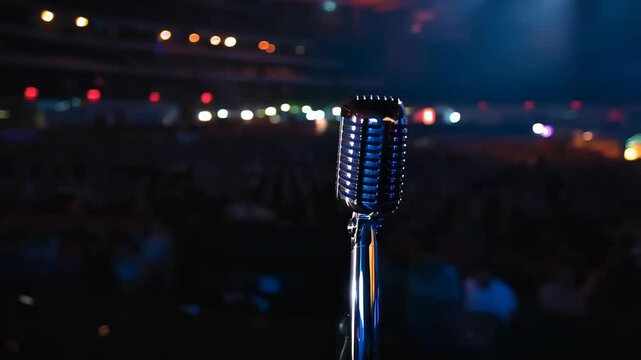 Shiny vintage microphone is standing on an empty stage in a big crowded stadium full of audience waiting for a concert to start under blue and orange lights