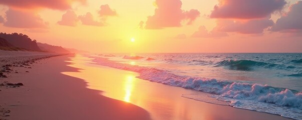 Warm golden tones fade into soft pinks over the shoreline, peaceful, warm, serene