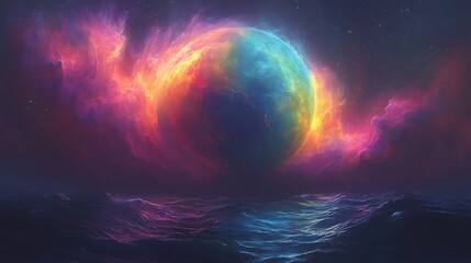 Vibrant cosmic scene depicting a colorful planet amidst swirling clouds over a serene ocean