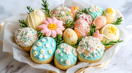 Fototapeta premium A variety of beautifully decorated cookies arranged in a charming basket placed on a table, creating an inviting and festive atmosphere.