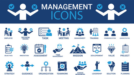Business or organization management icon set. Contains manager, teamwork, strategy, marketing, business, planning, training, and employee icons. Solid icons vector collection. © Designstor09