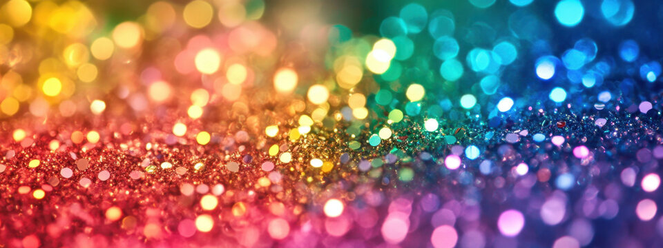 Vibrant rainbow bokeh background with dazzling colored lights creating a sparkling and festive atmosphere.