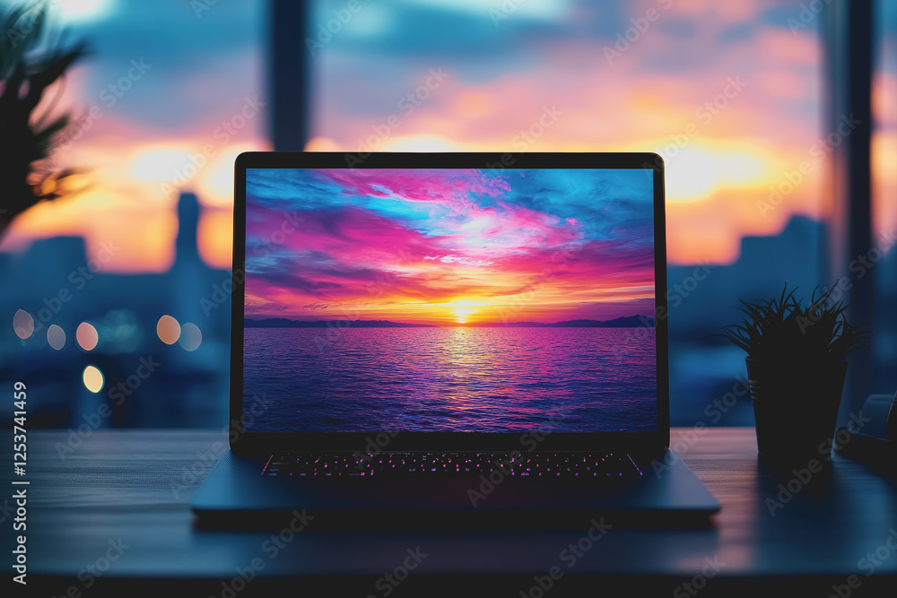 Poster laptop computer on a desk with a beautiful sunset in the background creating a serene atmosphere