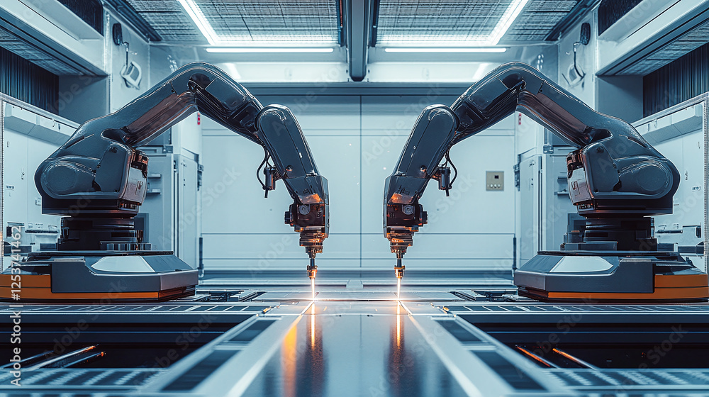 Poster two industrial robotic arms working in precise synchrony, showcasing automation and advanced manufac