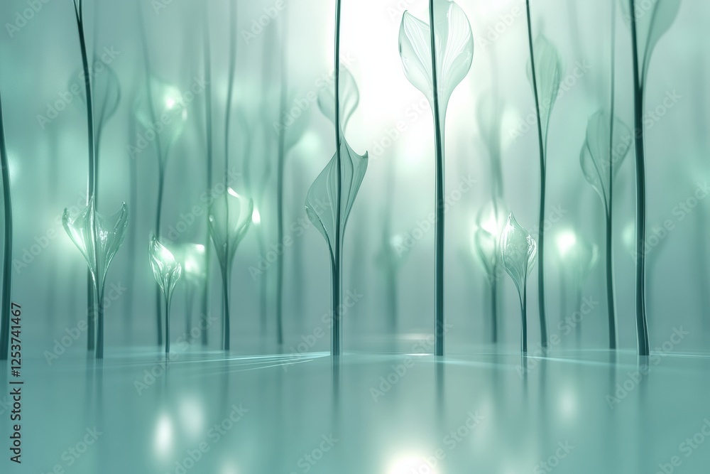 Poster Glowing reflections in a glass forest with abstract tree shapes illuminating a serene atmosphere. Generative AI