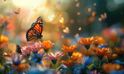 Beautiful Monarch butterfly resting on vibrant orange flowers in a sunlit meadow, creating a dreamy and colorful nature scene in springtime.