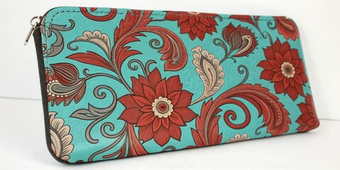 Vibrant turquoise and rustic red floral pattern with intricate details and swirling shapes, autumn leaves, festive pattern