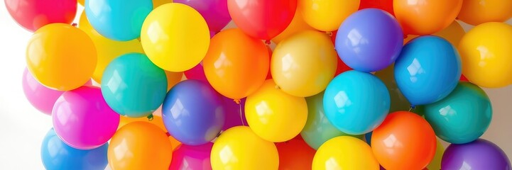 Vibrant rainbow balloons arranged in a dynamic pattern against a bright abstract background, festive decorations, abstract geometric pattern