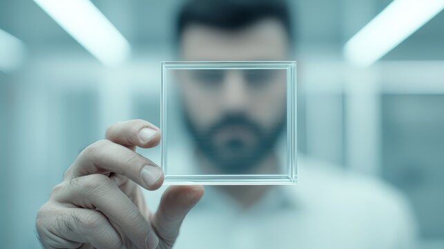 Man holding glass block,  study of light, texture, and translucence in minimalist photography