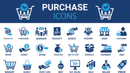Purchase icon set. Containing buy, pay, order, shop, price, payment, product, spend, receipt and more. Solid vector icons collection. icon design,