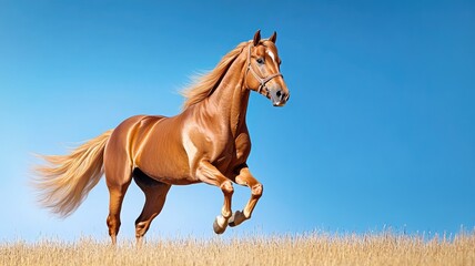 Obraz premium Majestic brown horse running through field under clear blue sky