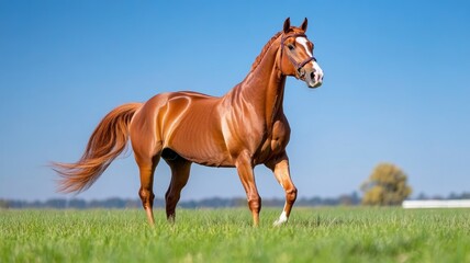 Fototapeta premium Majestic brown horse standing in green field