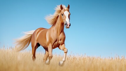 Fototapeta premium Majestic horse running in golden wheat field with blue sky background