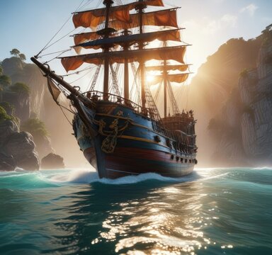 Un gran barco pirata se prepara para zarpar en un d?a soleado con el sol de fondo, sailboat, sunny day