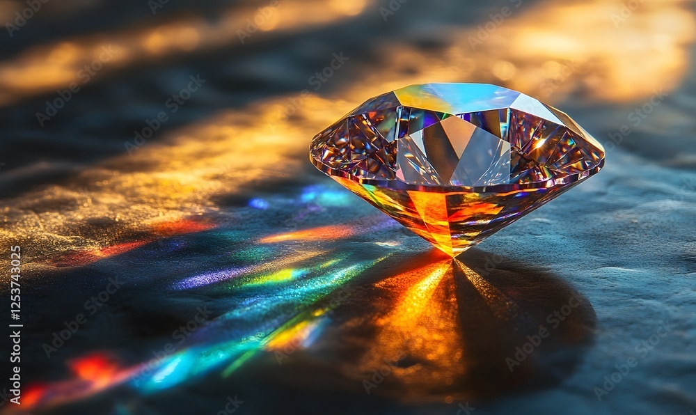 Poster a faceted diamond reflects light creating spectral patterns on a dark textured surface