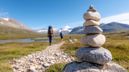 Mountain Tranquility: Stone Cairn Hikers and Peaceful Path Symbolizing Balance and Adventure in Nature's Embrace Mindfulness and Reflection