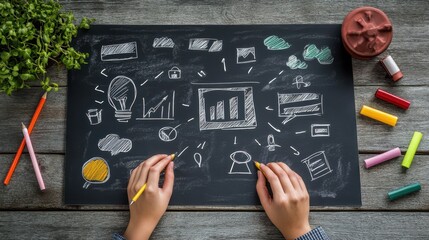 marketing strategy Concept. Chart with keywords and icons. hands on working desk doing business