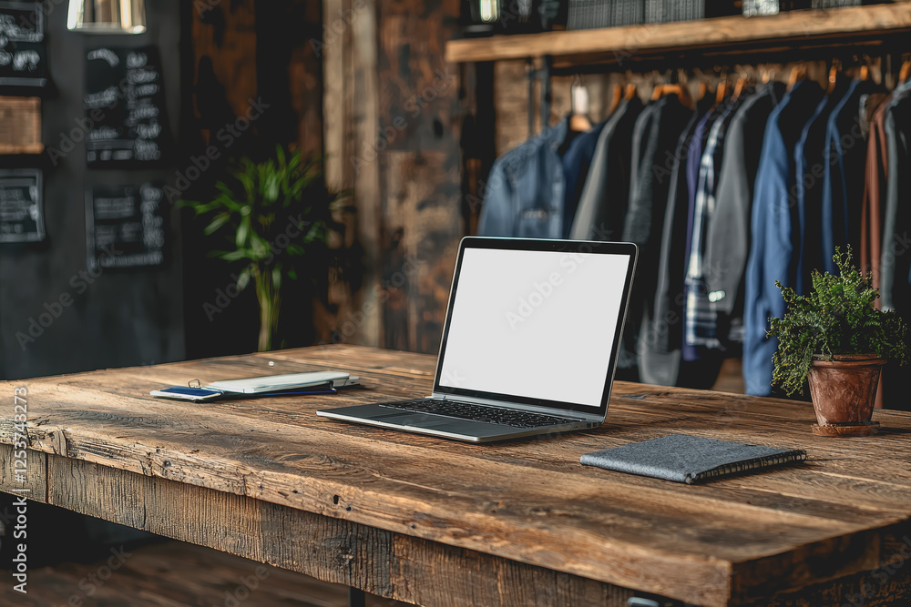 Poster laptop computer placed on a wooden table with a clean surface and natural lighting for workspace set