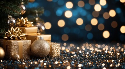 Beautifully Wrapped Gold Gifts Decorated for Christmas Under a Sparkling Tree with Bokeh Lights