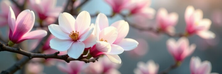 Obraz premium A branch of a magnolia tree covered in white and pink flowers, white flowers, flowering trees, pink flowers
