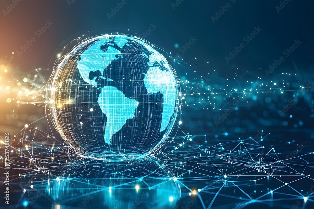 Poster global network: a futuristic, digital representation of planet earth, interconnected by a complex we