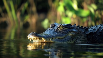 Fototapeta premium A crocodile floats in water, mouth agape and eyes alert, showcasing its predatory nature in a natural habitat.