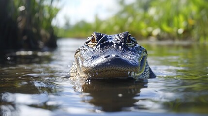 Fototapeta premium A large alligator floats gracefully in the serene water, showcasing its powerful physique and natural camouflage in the aquatic environment.