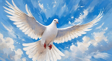 Obraz premium White Dove of Peace in the Air with Wings Wide Open Against Blue Sky