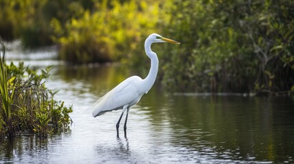 Obraz premium A solitary white bird stands gracefully in shallow water, close to the shore, creating a tranquil scene of nature's beauty.