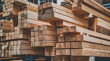 Stacks of Fresh Wooden Beams Ready for Construction in a Bustling Lumberyard During the Afternoon Sunlight. Generative AI