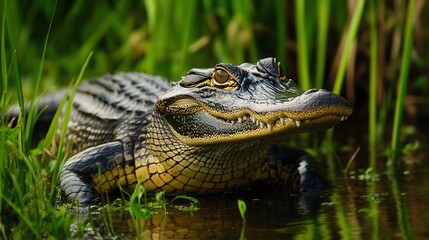 Obraz premium A crocodile rests in water, surrounded by lush grass and tall reeds, showcasing its natural habitat in a serene environment.