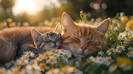 Adorable trio of cats resting peacefully