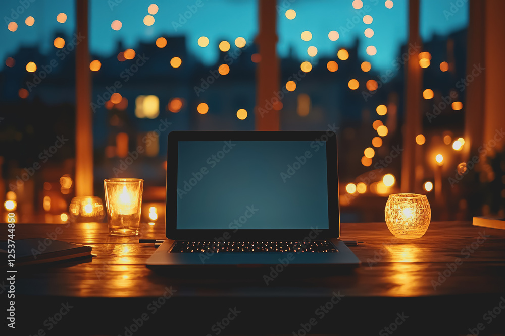 Aufkleber laptop computer on a table with a lit candle creating a cozy workspace atmosphere