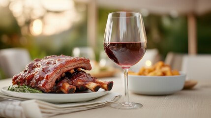 Outdoor dining featuring glazed ribs and a glass of red wine suggesting a relaxed and delicious meal in a warm and inviting atmosphere